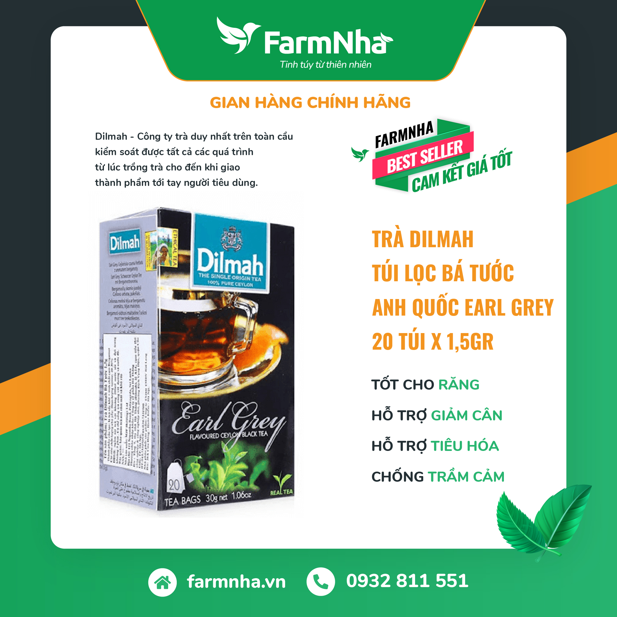 Trà Dilmah Earl Grey (Trà Bá Tước Anh Quốc) túi lọc 30g 20 túi x 1.5g - Tinh hoa trà Sri Lanka