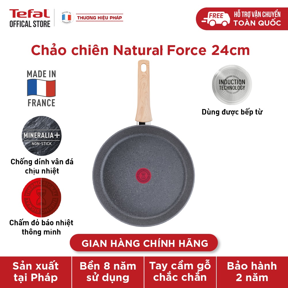 Chảo chiên chống dính vân đá đáy từ Tefal Natural Force 24cm, dùng cho mọi loại bếp - Sản xuất tại Pháp - Hàng chính hãng