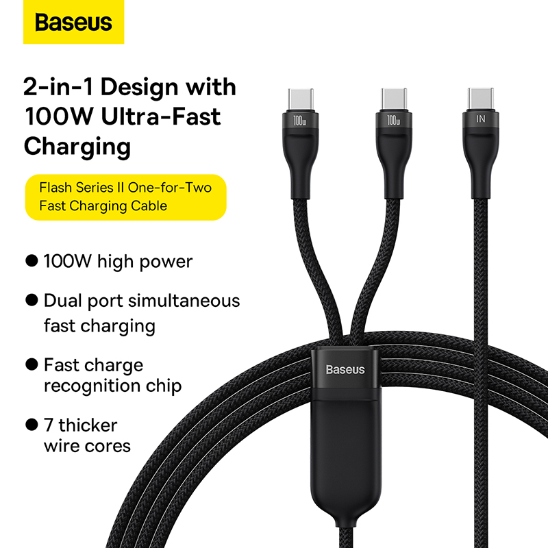 Cáp Sạc Đa Năng 2 Đầu Baseus Flash Series Ⅱ One-for-Two Fast Charging Cable Type-C to C+C 100W (Hàng chính hãng)