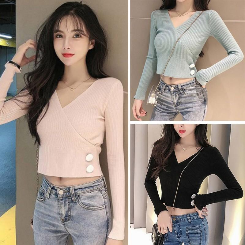 Áo Dệt Kim Nữ Tay Dài Cổ Chữ V Màu Trơn