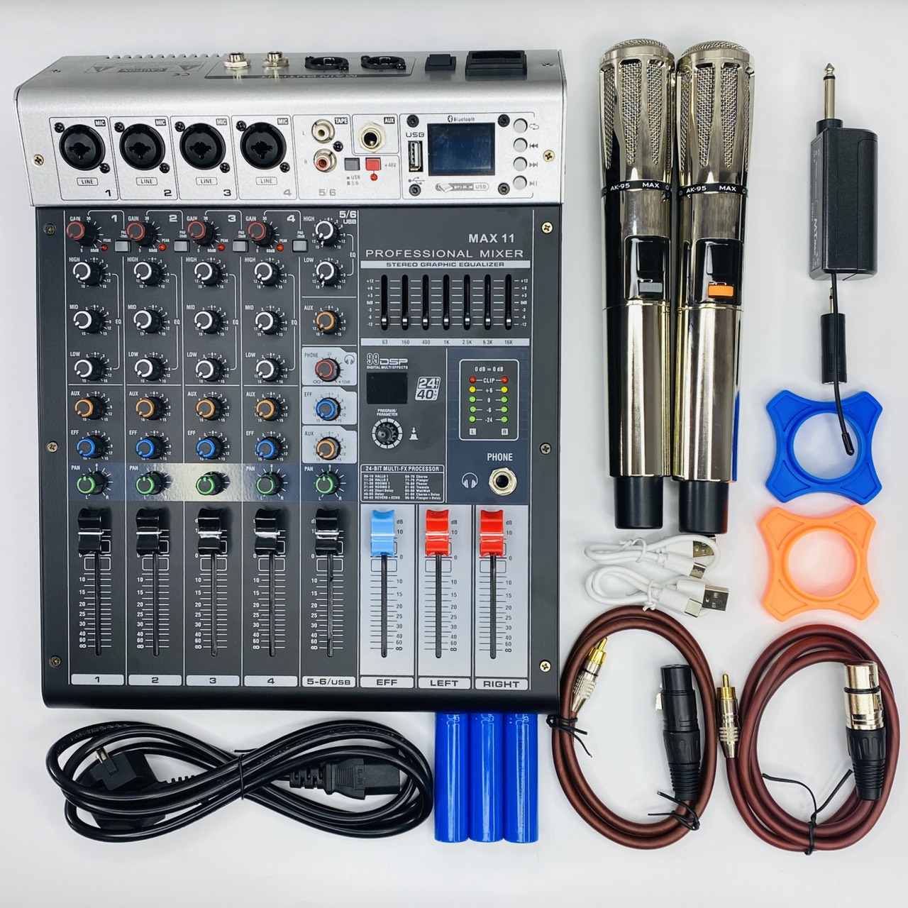 Combo Mixer Max11 và Micro AK95 Nâng Cấp Âm Thanh, 6 kênh kết nối Bluetooth,USB - 99 hiệu ứng, Micro hợp kim sang trọng Hàng Chính Hãng