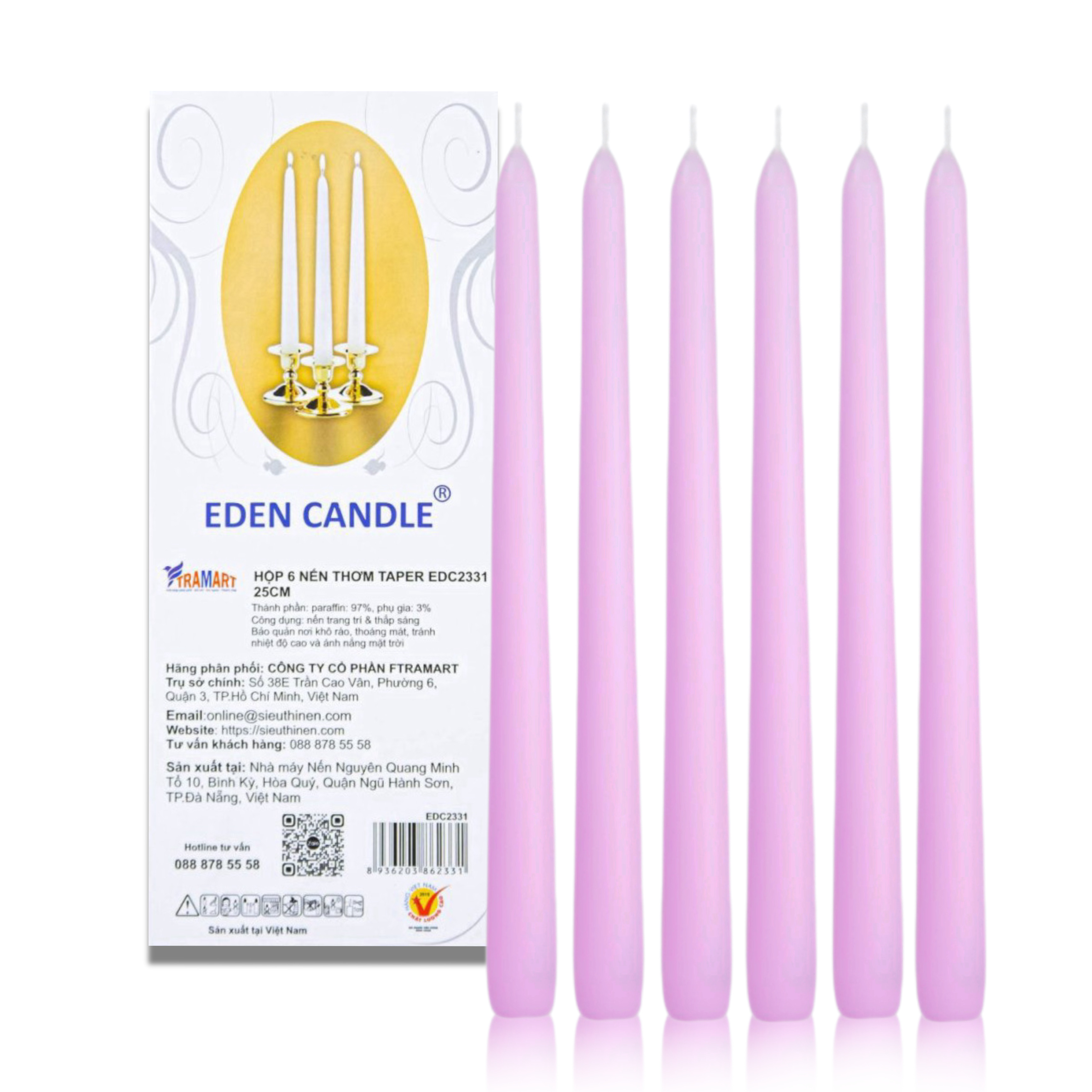 [Hộp 6 nến] Nến thơm taper Eden Candle FTRAMART EDC2331 (Tím phấn), cao 25 cm, phù hợp tất cả các chân nến theo tiêu chuẩn nến taper