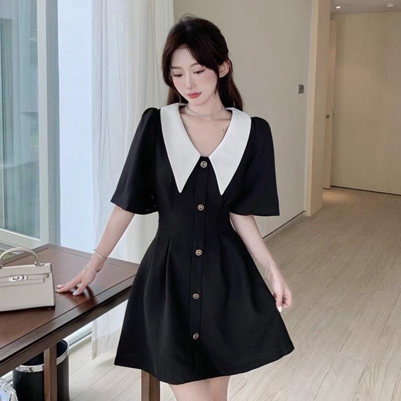 Váy Nữ Đầm Nữ Xòe Tiểu Thư Cổ V Bèo Tay Phồng Cài Nút Siêu Xinh Phù Hợp Mọi Phong Cách