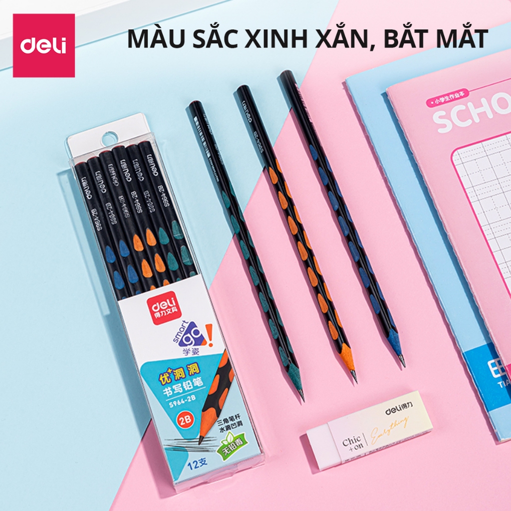 Bút Chì Gỗ Định Vị 2B Lõi Màu Deli - Điều Chỉnh Tư Thế Tập Viết, Chì Đậm Trơn Tru Học Sinh Luyện Chữ Vẽ Tranh Văn Phòng