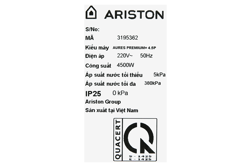 Máy nước nóng trực tiếp Ariston 4500W AURES PREMIUM+ 4.5P - HÀNG CHÍNH HÃNG (CHỈ GIAO HCM)