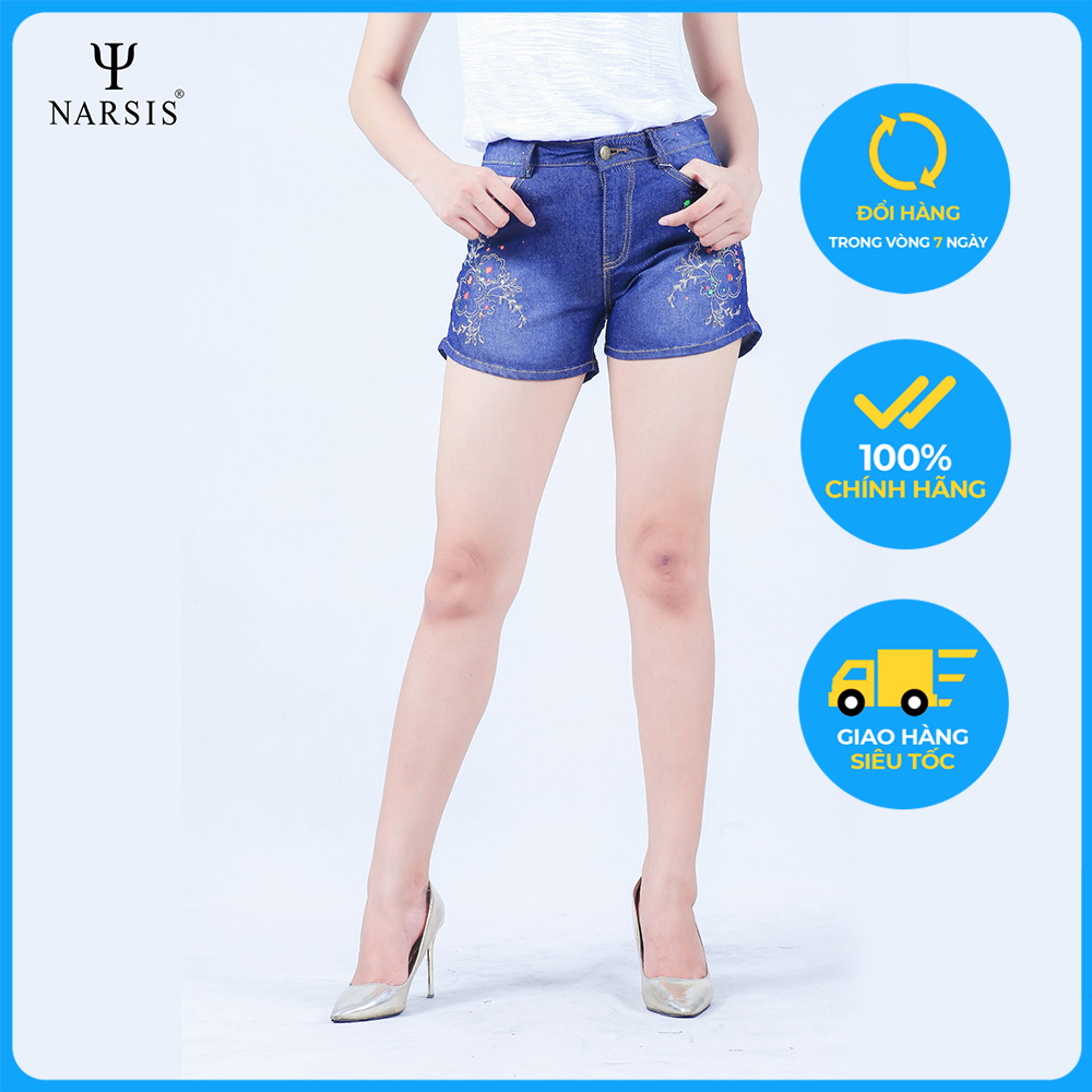 Quần Short bò nữ thêu hoa vẩy sơn Narsis T7006