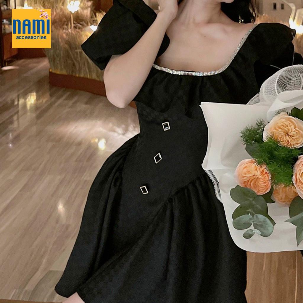 Đầm xoè trễ vai nhúng bèo tay phồng kết đá Nanami chất liệu bố karo form dáng tiểu thư xinh xắn điệu đà nổi bật- ATNU063