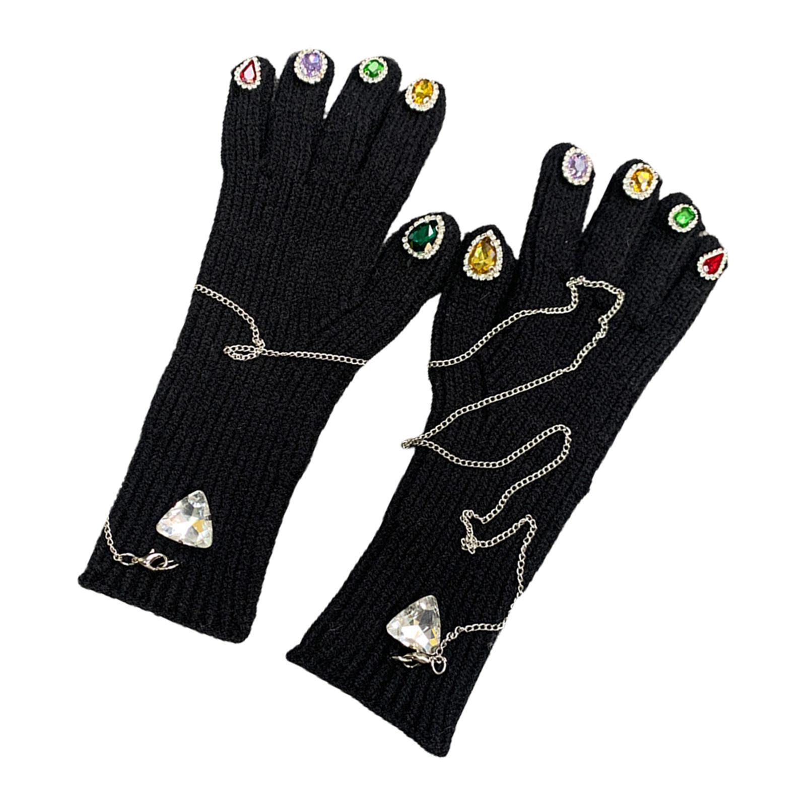 Women Winter Warm Gloves Faux Rhinestone Full Finger Thermal Gloves Elastic