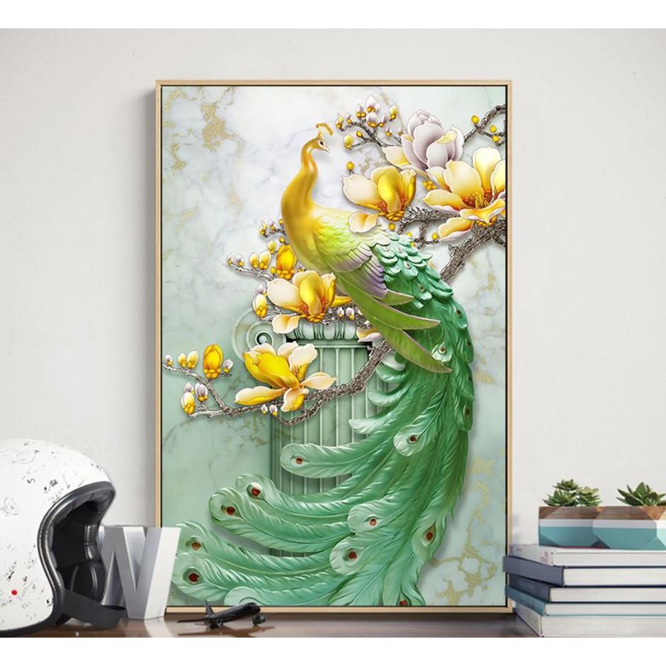 Tranh treo tường phong thủy trang trí nội thất hình chim công đủ màu