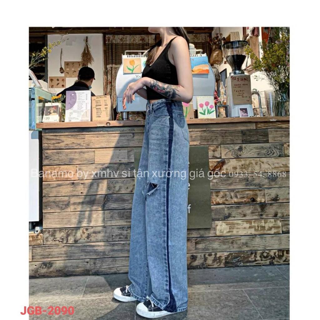 Quần JEANS nữ ống rộng lưng cao rách đùi cá tính thời trang 968