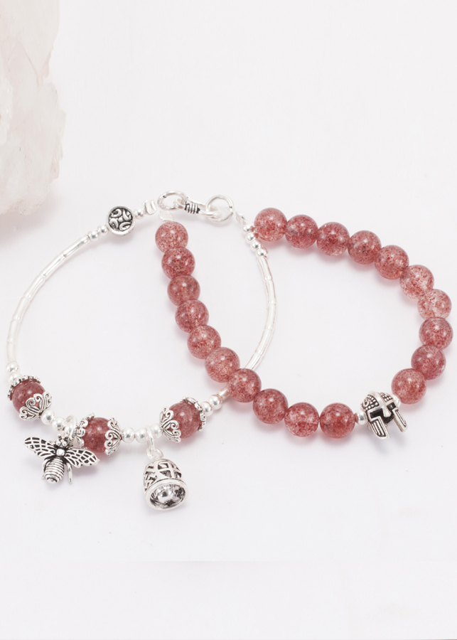 Vòng 2 Line Thạch Anh Dâu Phối Charm Ong Bạc