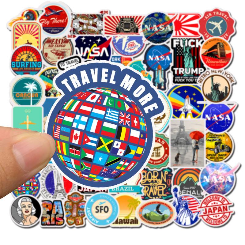 Bộ 50 Sticker dán Macbook, Vali, Mũ bảo hiểm, Điện thoại, Laptop chủ đề du lịch thế giới Travel Word - Hàng nhập khẩu