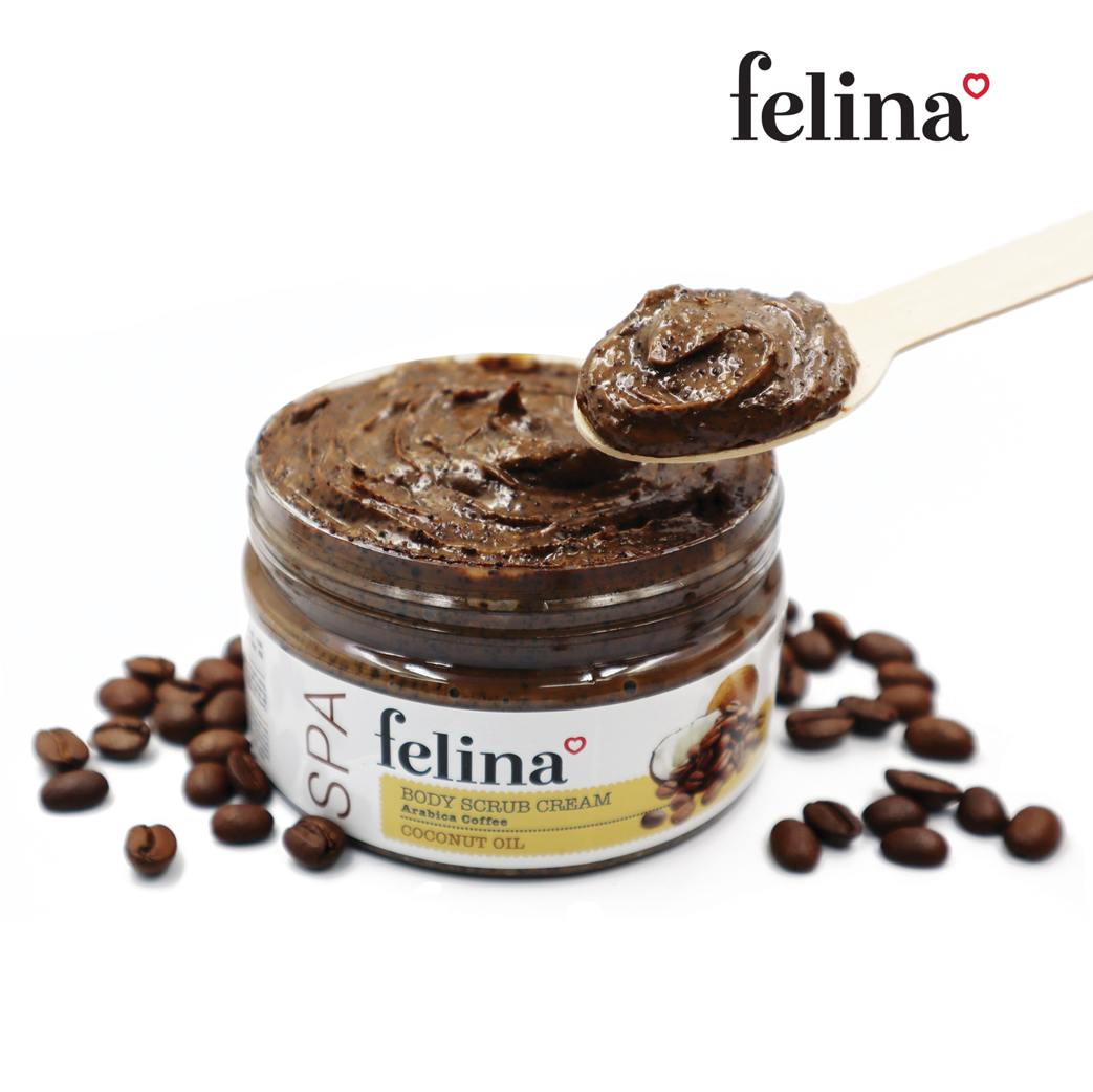 Kem tắm tẩy tế bào chết body Felina Home Spa - Hạt cà phê Arabica và tinh dầu dừa giúp da sáng mịn, ngừa thâm sạm