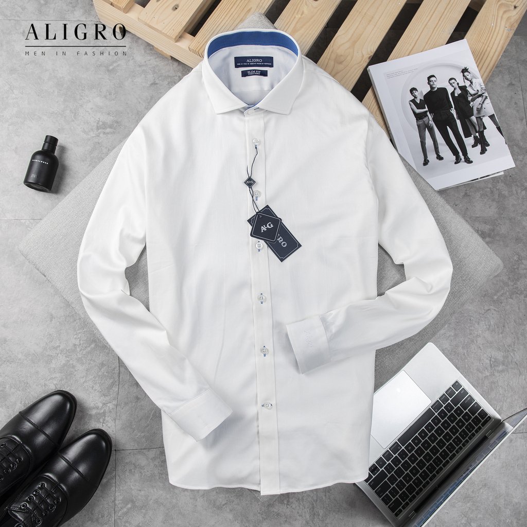 ÁO SƠ MI NAM TRẮNG DÀI TAY PHỐI CỔ XANH ALIGRO DÁNG SLIMFIT MÃ ALGS194