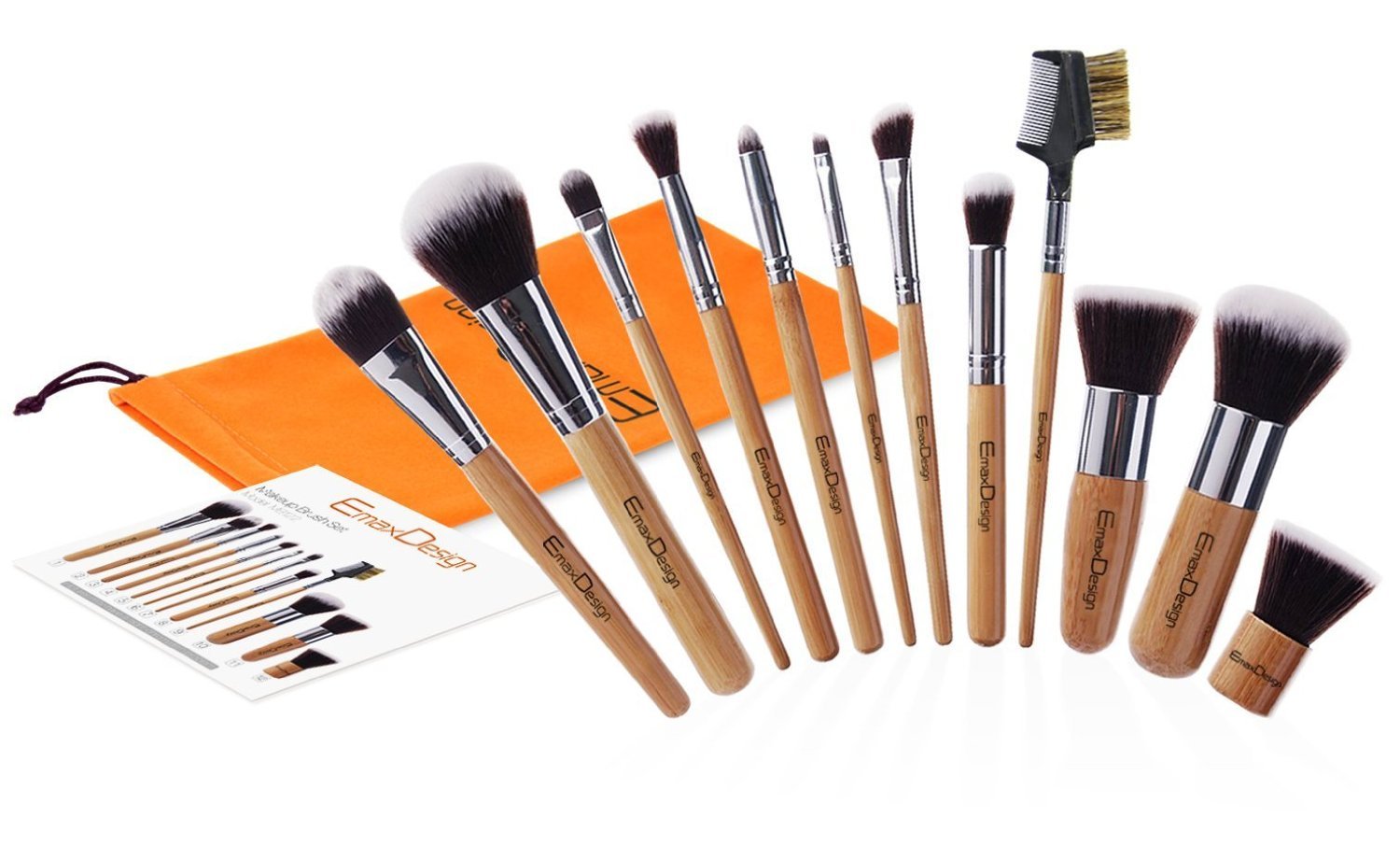 TÚI 12 CỌ TRANG ĐIỂM CHUYÊN NGHIỆP - SỢI KABUKI - CÁN TRE EmaxDesign 12 Pieces Makeup Brush Set Professional