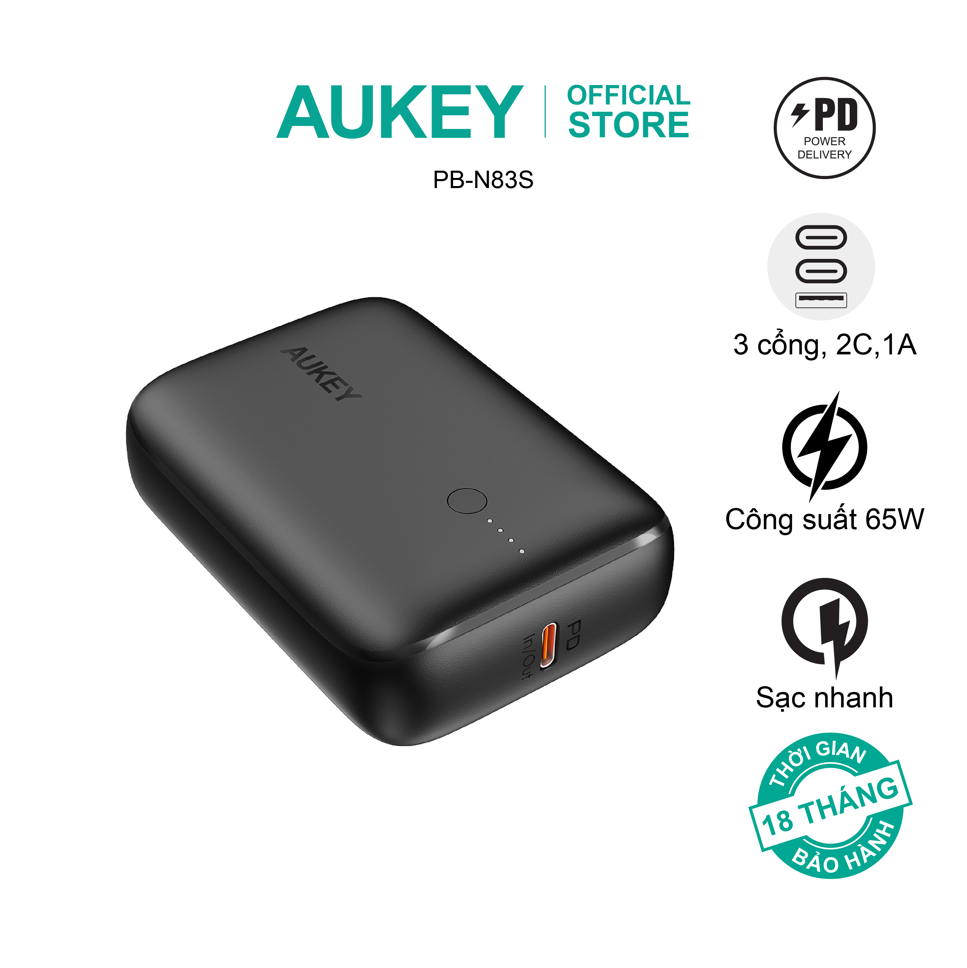 Pin Sạc Dự Phòng Aukey Pb - N83S 20W Pd 10.000Mah, Hàng Chính Hãng - Màu Đen