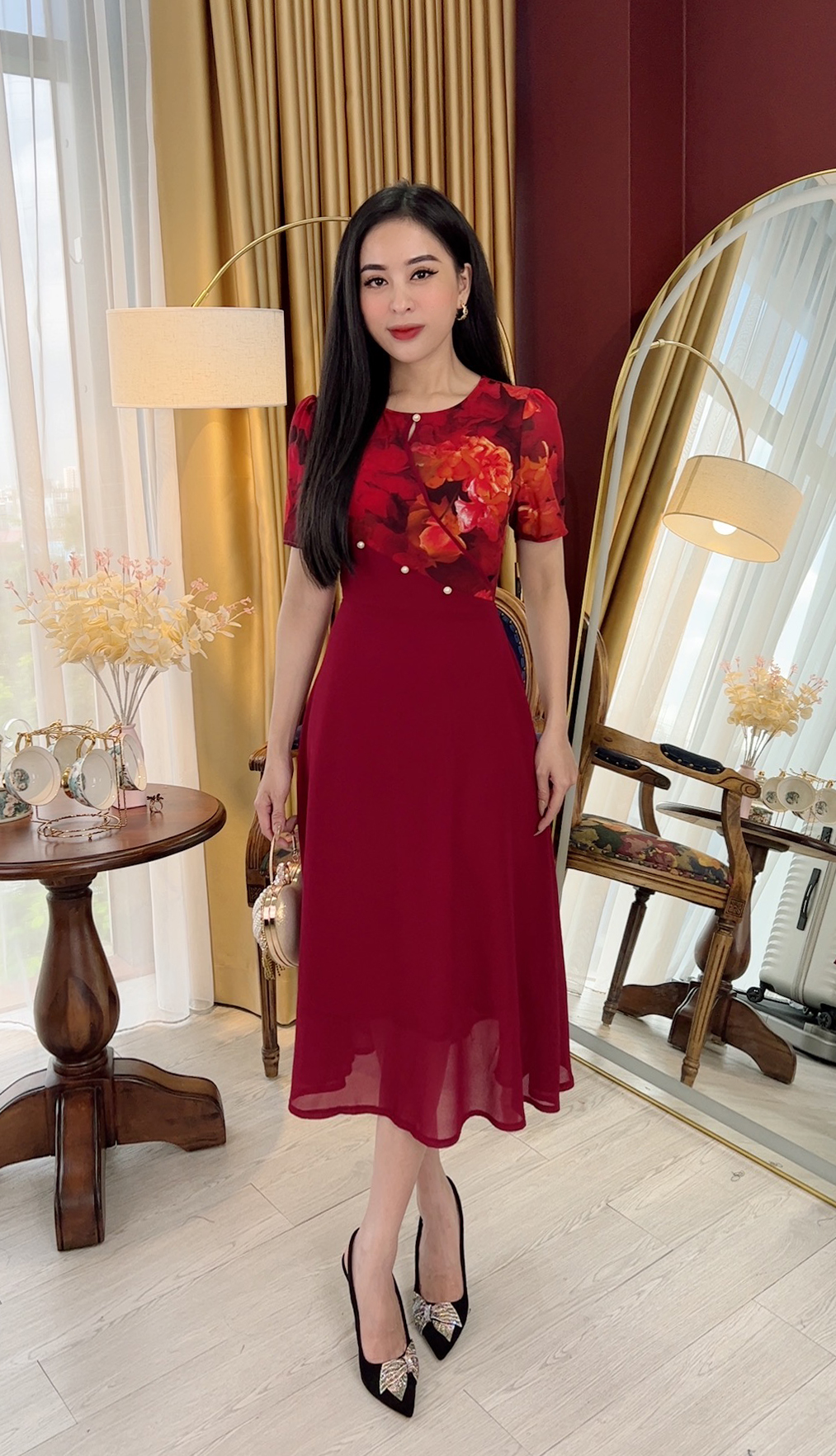 Đầm Đi Tiệc Trung Niên [ Linh Trà ] (TM 736) Cao Cấp Màu Sắc Trẻ Trung Tươi Sáng Họa Tiết Sang Trọng Đi Làm Đi Tiệc