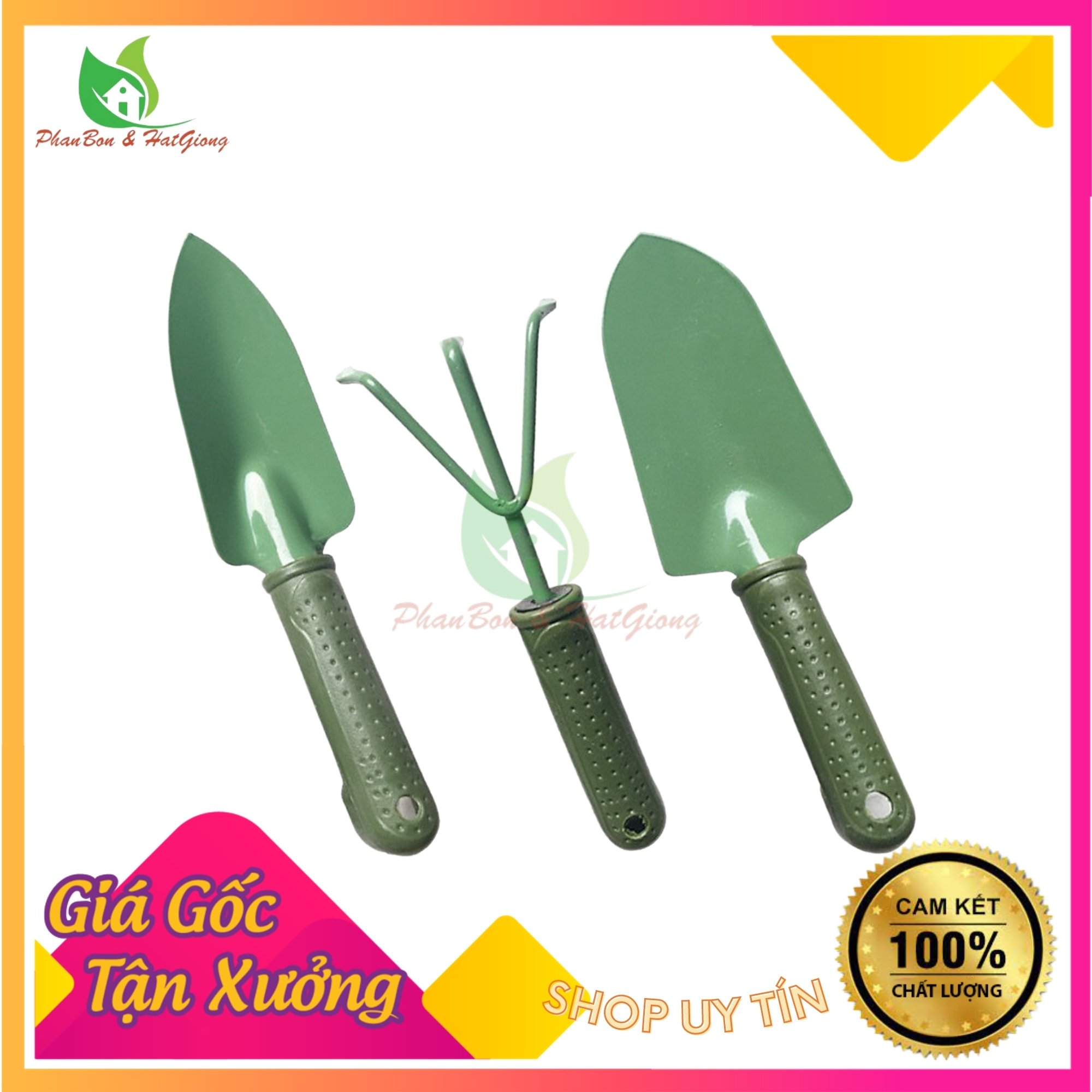 Bộ Dụng Cụ Làm Vườn 3 Món (Thép Xanh) Dùng Cào Đất, Xúc Đất Trồng Hoa, Rau Sạch, Cây Cảnh - Shop Phân Bón và Hạt Giống