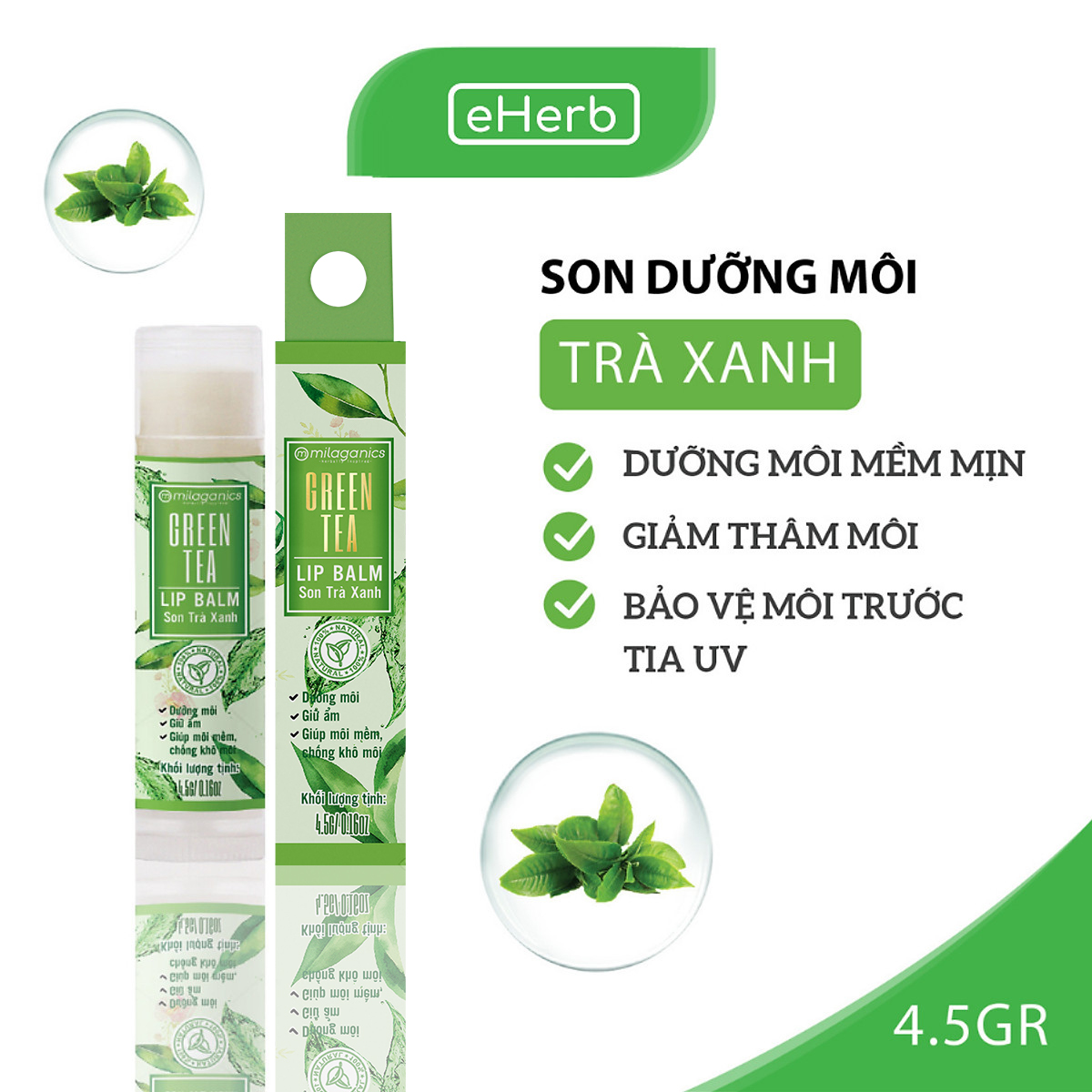 Son Dưỡng Môi Trà Xanh Dưỡng Ẩm, Giảm Thâm Môi MILAGANICS 4.5g (Cây)