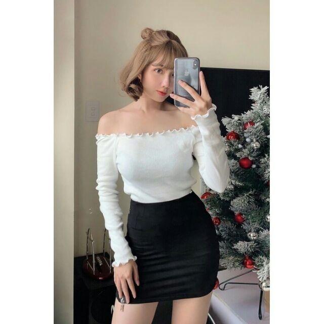 Áo bẹt vai cuốn biên tay dài