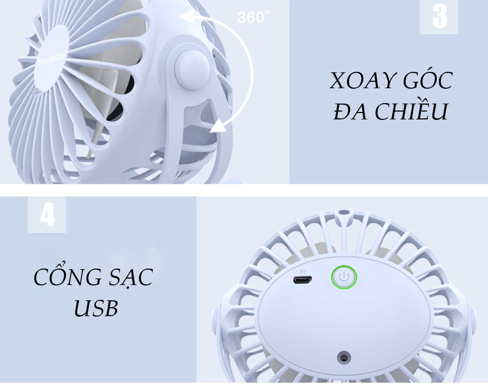 Quạt sạc mini xoay góc 720 độ, đế kẹp đa năng hoặc đặt bàn, an toàn cho trẻ với 4 nấc điều chỉnh gió chính hãng YOOBAO F04 - Hàng nhập khẩu