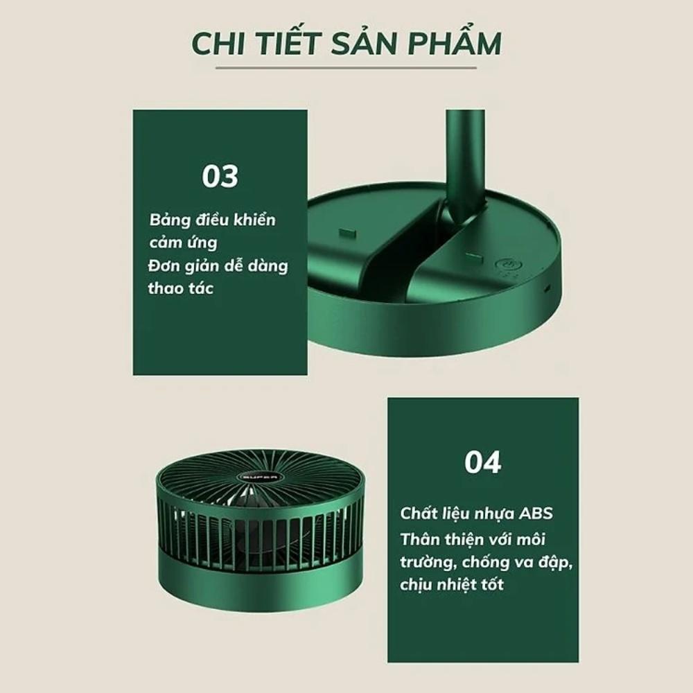 Quạt tích điện để bàn mini Super gấp gọn có thể kéo dài 3 tốc độ gió xoay 360 cổng sạc usb tiện dụng, bảo hành 12 tháng