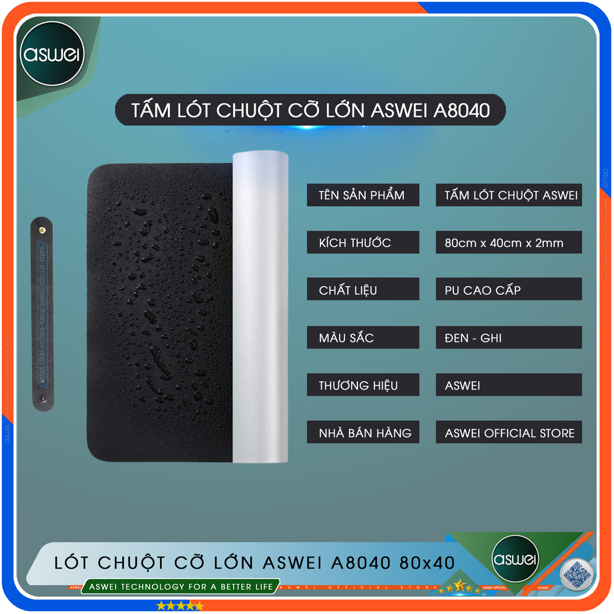 Lót Chuột Cỡ Lớn ASWEI - Tấm Lót Chuột 80x40 Và 90x45 - Thiết Kế 2 Mặt, Chất Liệu PU Cao Cấp - Chống Trơn Trượt, Nước, Nhăn, Bám Bụi - Hàng Chính Hãng