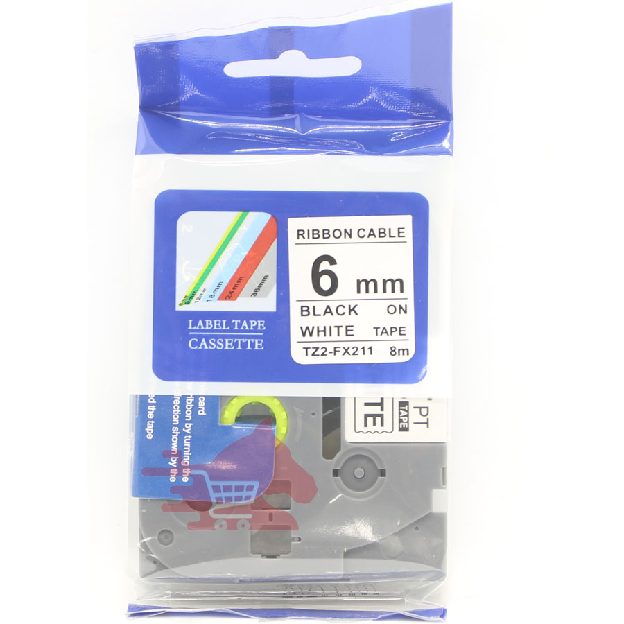 Nhãn in TZ2-FX211, Khổ 6mm, dài 8 m, chữ đen nền trắng, siêu dẻo, nhãn đa lớp, bám dinh cao.