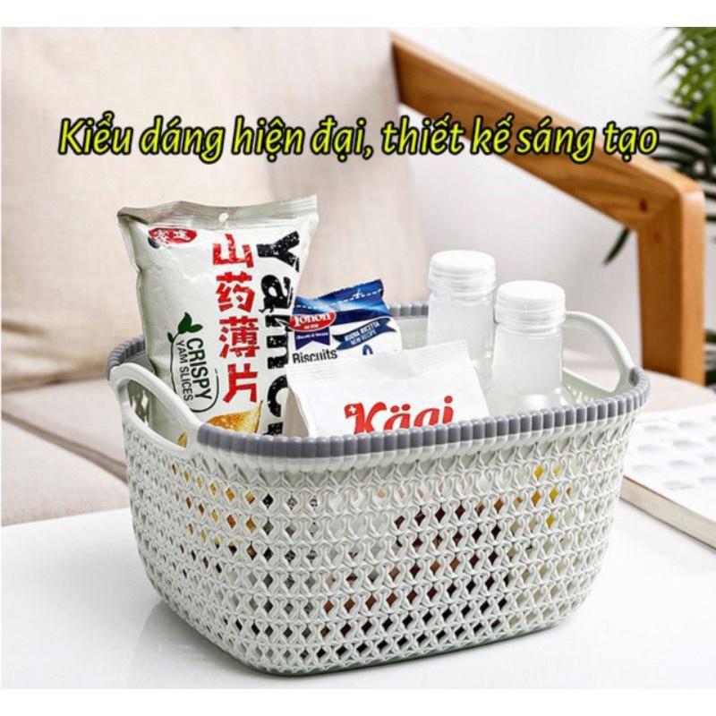 Giỏ nhựa đựng đồ đa năng Rổ nhựa chữ nhật giả đan mây Việt Nhật có quai xách