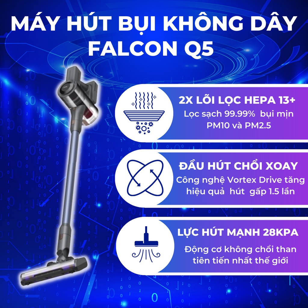 Máy Hút Bụi Cầm Tay Không Dây FALCON Q5 Gia Đình Mini Pin Sạc Hút Giường Đệm Sofa Xe Hơi Lực Hút Mạnh - Hàng Chính Hãng