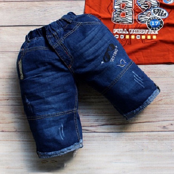 K3518 Bộ quần jean lửng áo thun cam bé trai từ 26-34kg