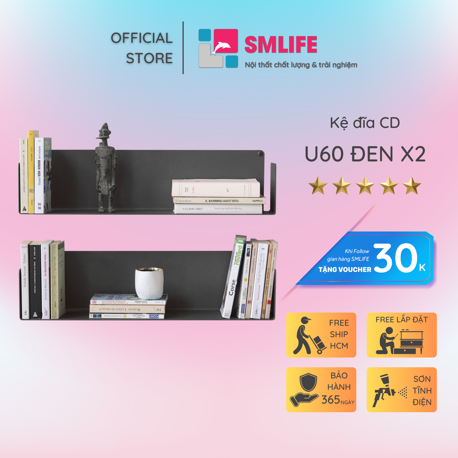 Kệ Trang Trí Treo Tường Chữ U60 Set 2 - Đen