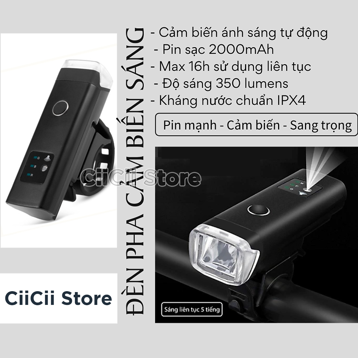 Đèn LED Xe Đạp Cảm Biến Ánh Sáng Tự Động, Pin 2000mAh, Sạc USB Hàng Nhập Khẩu