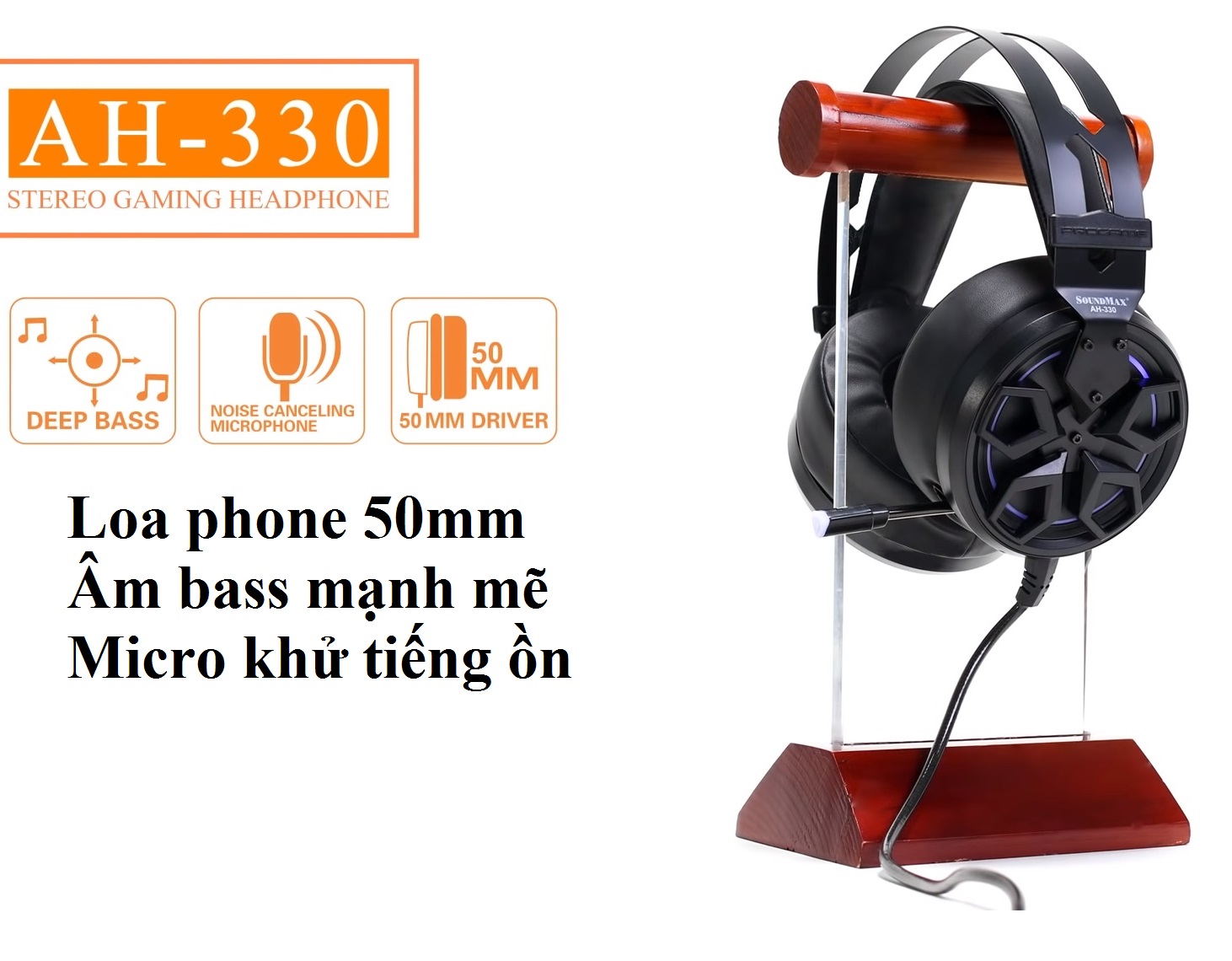 Tai nghe chụp tai gaming 2 chân cắm có đèn LED SOUNDMAX AH-330  - Hàng chính hãng