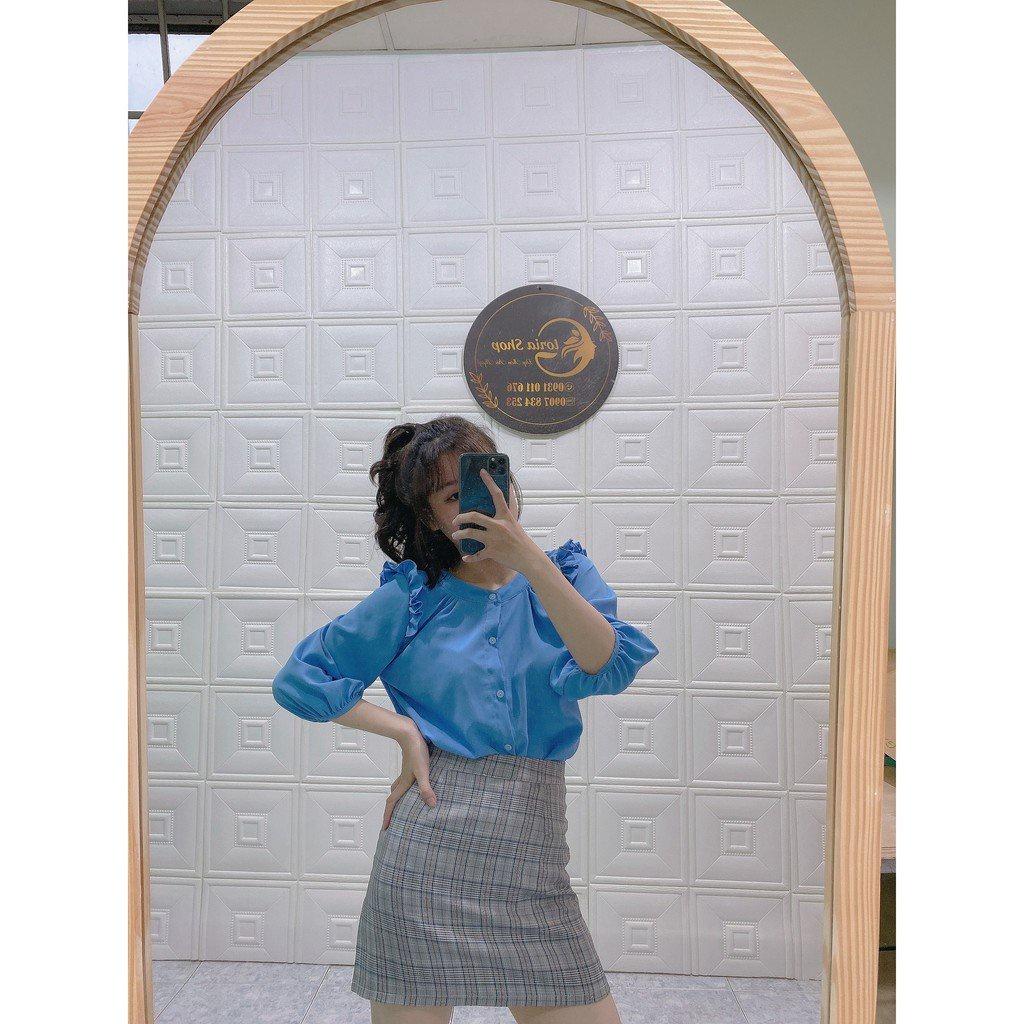 Áo sơ mi nữ công sở thời trang SURI lụa màu xanh tiểu thư nữ bèo nhún kiểu trễ vai tay bồng bánh bèo
