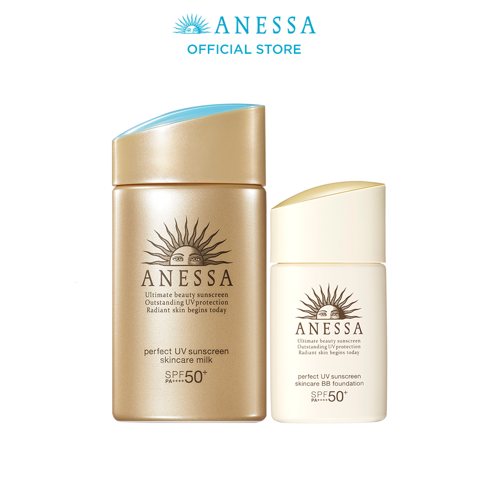 Bộ đôi Kem chống nắng dưỡng da dạng sữa bảo vệ hoàn hảo Anessa Perfect UV Sunscreen Skincare Milk SPF 50+ PA++++ 60ml + Kem nền trang điểm BB chống nắng dưỡng da Anessa SPF 50+ PA++++ 25ml