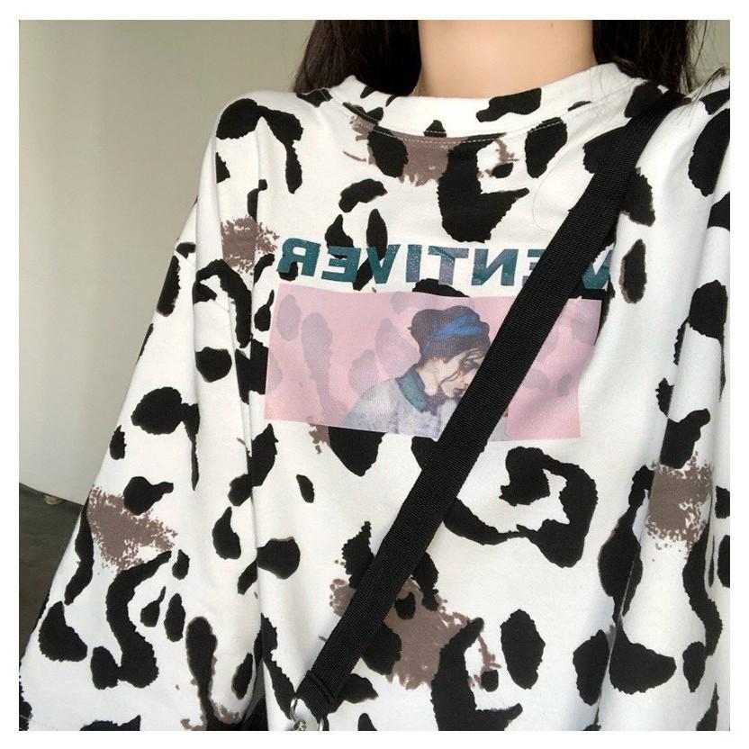 Áo Thun - Loang Bò Sữa In Hình Cô Gái Tay Lỡ Unisex nam nữ From Rộng