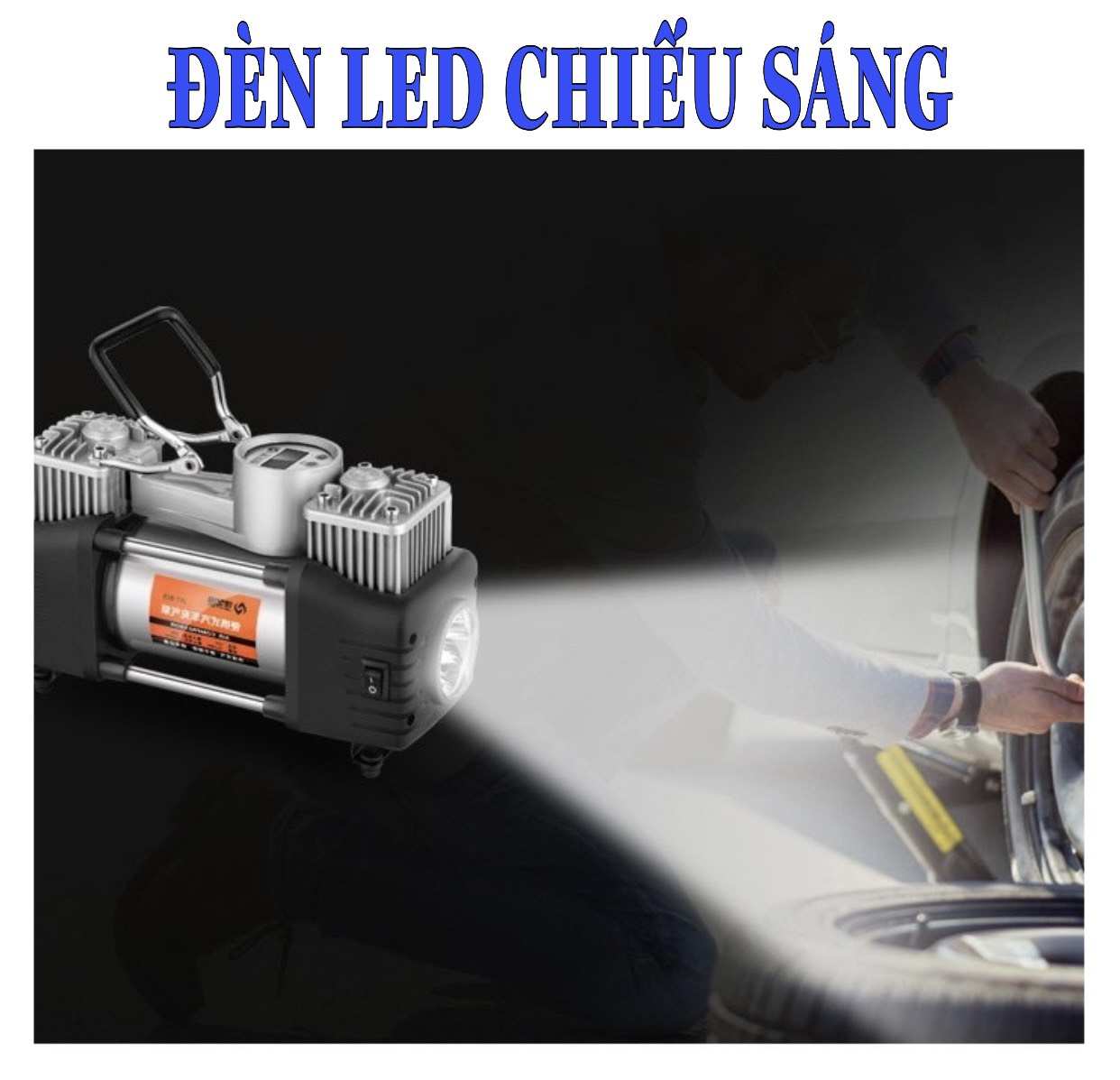 Bơm lốp xe ô tô 2 xi lanh công suất lớn 280W kèm hộp đựng dụng cụ - Máy Bơm Lốp Xe Hơi đồng hồ điện tử hiển thị áp suất lốp