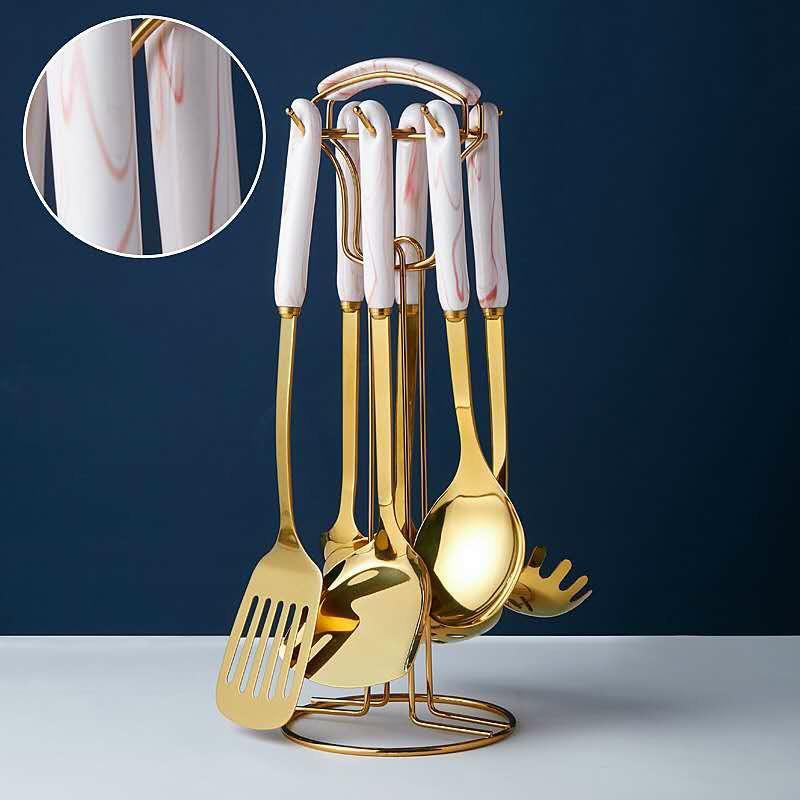 Bộ Dụng Cụ Nấu Ăn 6 Món Inox Cán Sứ Kèm Giá Treo Cao Cấp