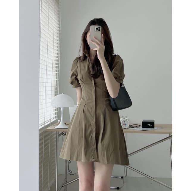 VÁY ĐẦM KAKI CỔ ĐỨC DẤU KHUY TAY BỒNG CHUN LƯNG CHIẾT EO SIÊU XINH