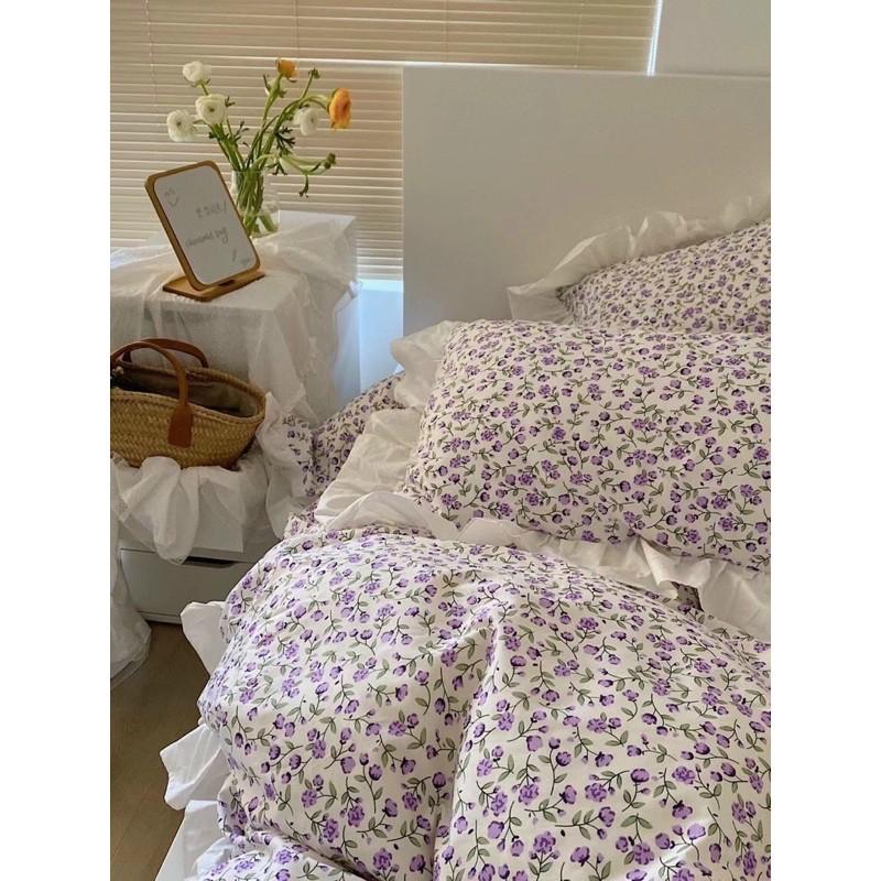Set Cotton Hàn Quốc Bèo Ren 100%cotton Hàng Nhập Khẩu Cao Cấp 4 Món Hoa Nhí Xanh
