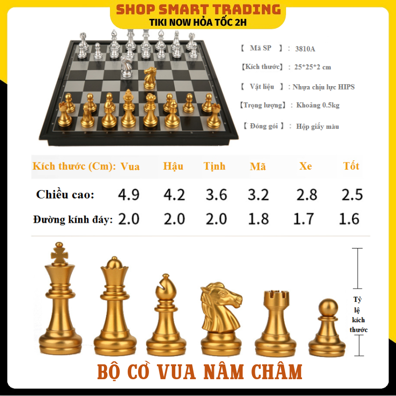 Bộ Cờ Vua Nam Châm – Màu Nhũ Vàng Bạc Cao Cấp - 25*25cm gấp gọn cao cấp- Hàng Chính Hãng