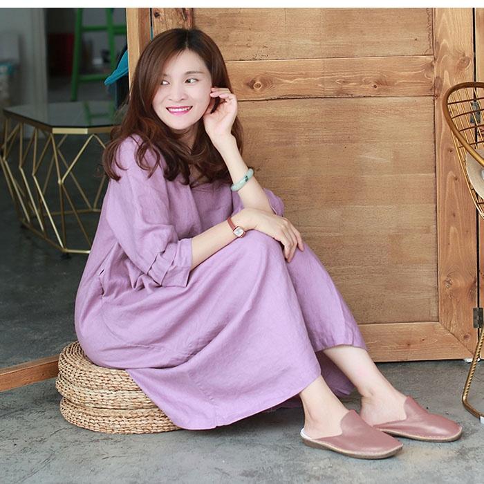 Đầm suông linen cổ tim chồng tay lỡ - Tím nhạt