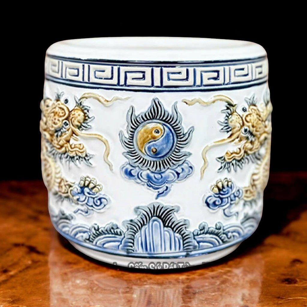 Bát Hương Gốm Sứ Bát Tràng RỒNG VIỆT, Lư Hương Thờ Cúng Cao Cấp Đắp Nổi Rồng Phượng Men Trắng