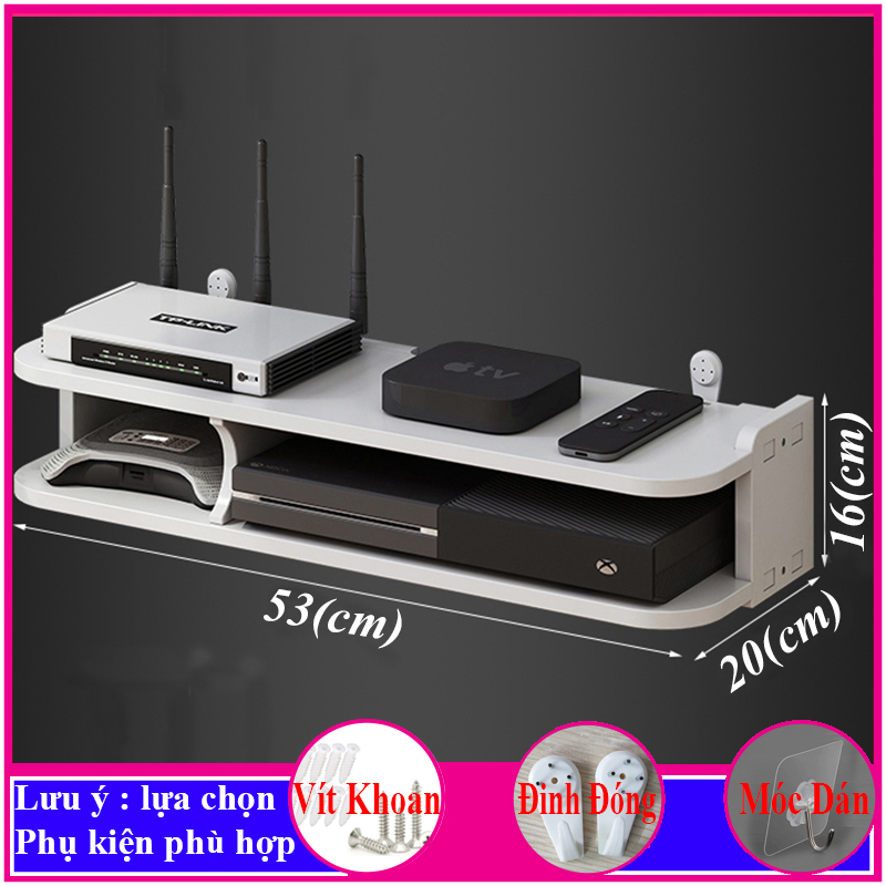 Kệ treo tường, kệ trang trí không cần khoan, kệ đặt modem wifi, máy chiếu, điện thoại, remote, chất liệu gỗ pitech, màu trắng - a30