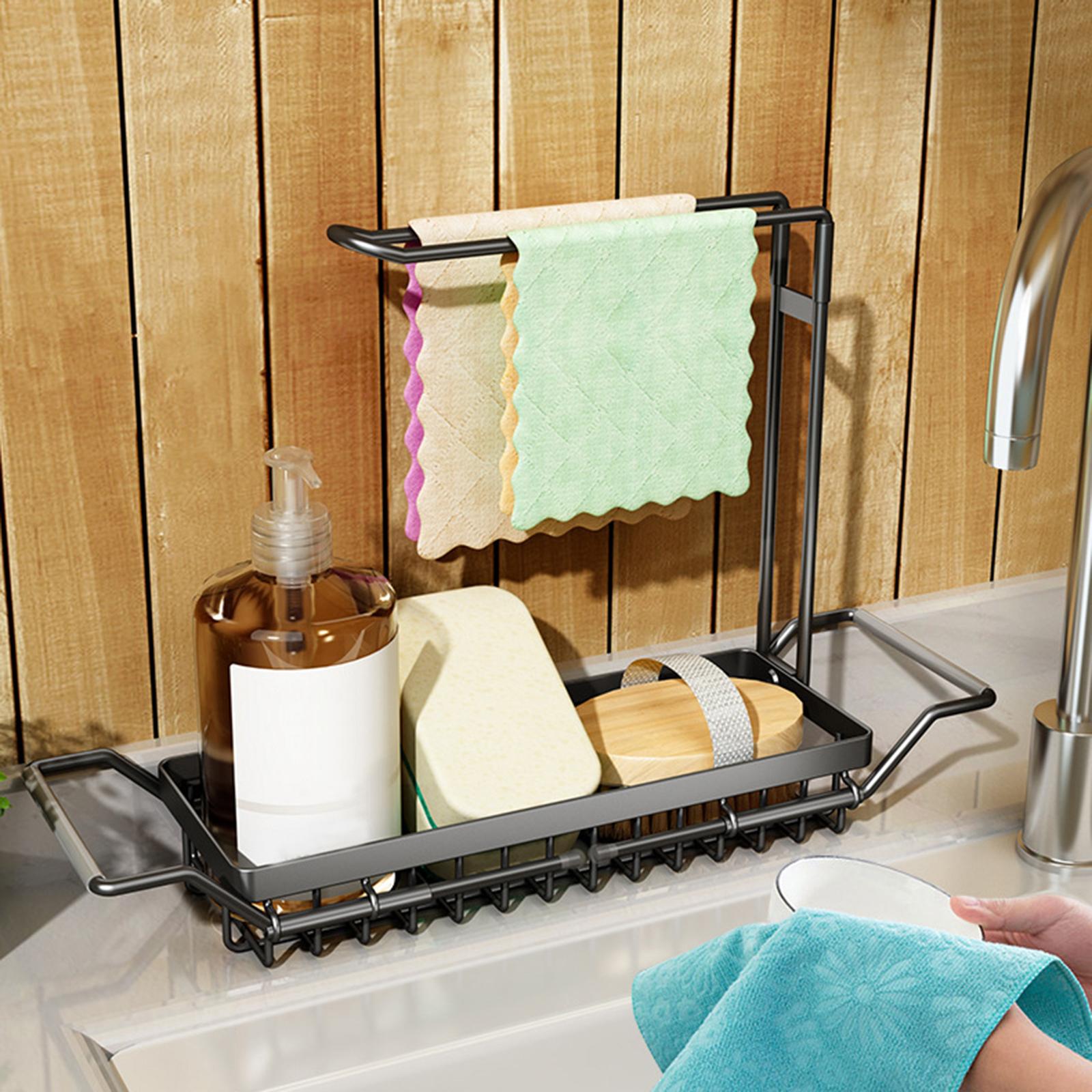 Over the Sink Storage Rack Organzier Adjustable Sponge Holder Drain Basket with Dish Towel Hanger