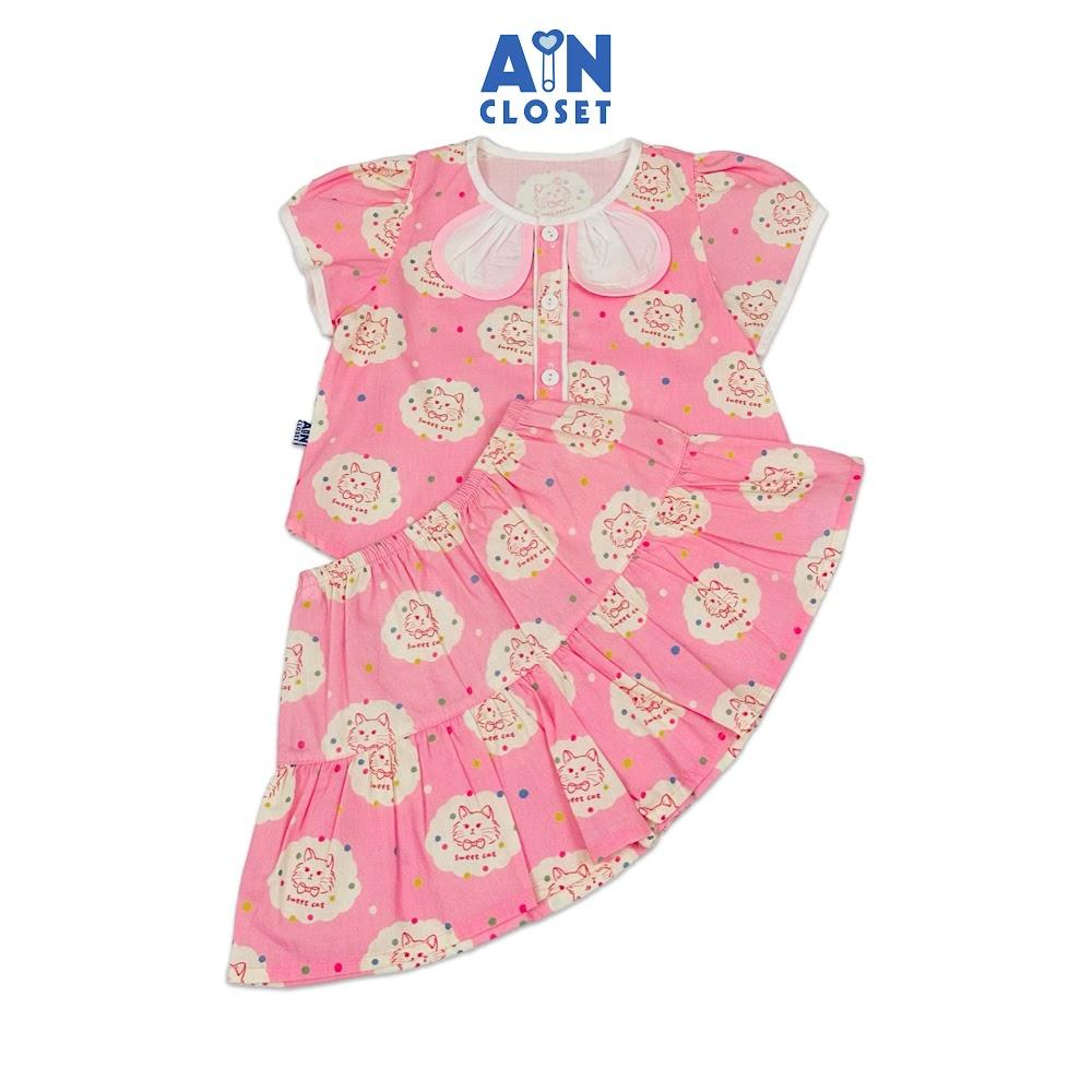 Bộ quần áo Ngắn bé gái hoạ tiết Mèo Hồng Cotton - AICDBGTD0POU - AIN Closet