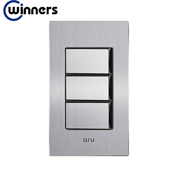 Công tắc ba  cao cấp 1 chiều phím lớn ARU RSW3-00427 màu đen sản xuất tại Hàn Quốc, mặt chất liệu nhôm, sử dụng điện 220VAC phù hợp lắp cho các đế âm tường chữ nhật tại Việt Nam