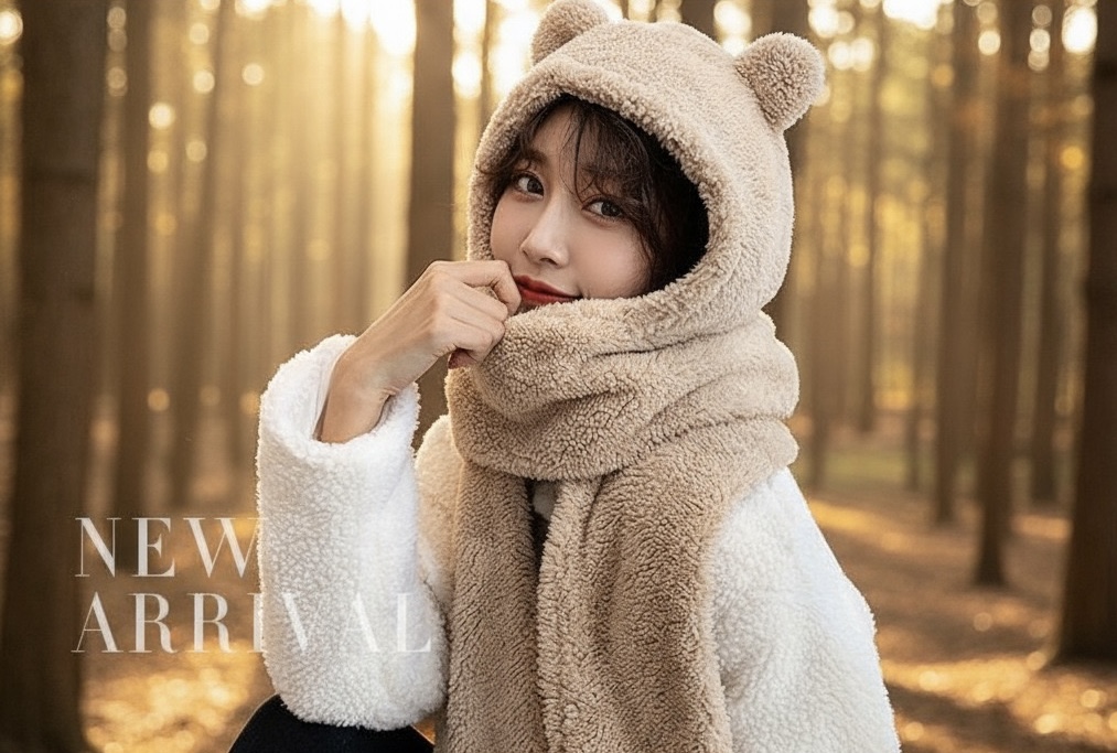 Mũ khăn quàng cổ mũ lông gấu có găng tay thời trang siêu dễ thương giữ ấm dành cho nữ