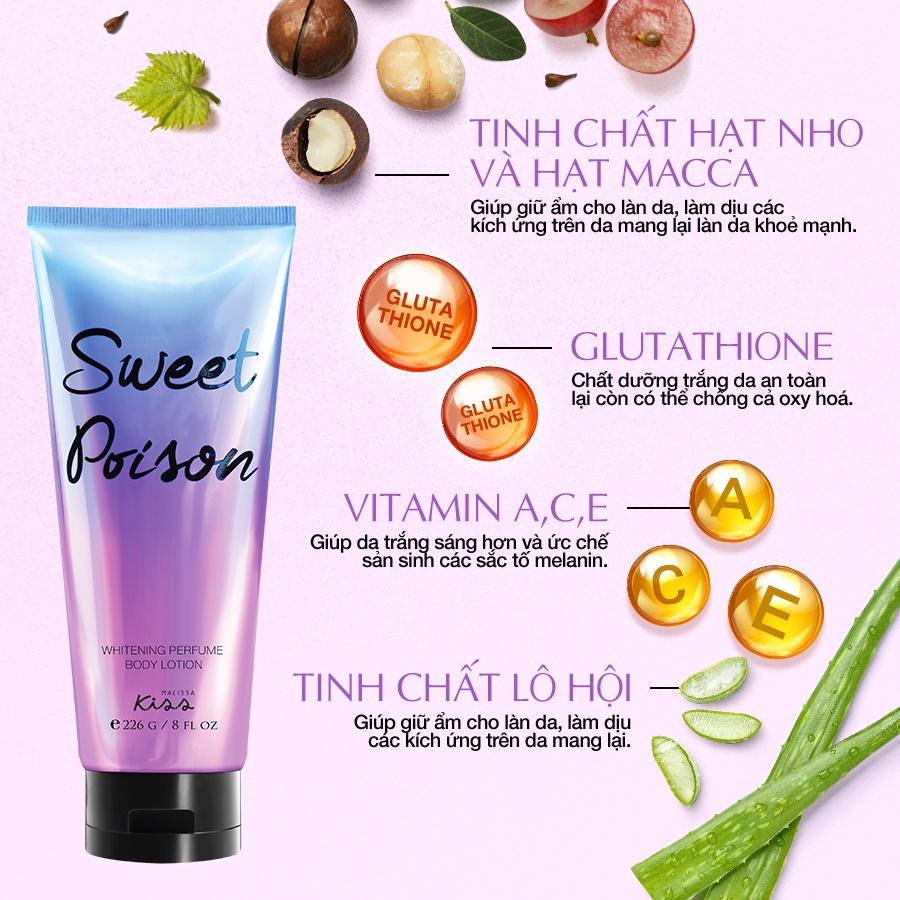 Sữa Dưỡng Trắng Da Toàn Thân Hương Nước Hoa Malissa Kiss Hương Sweet Poison 226g